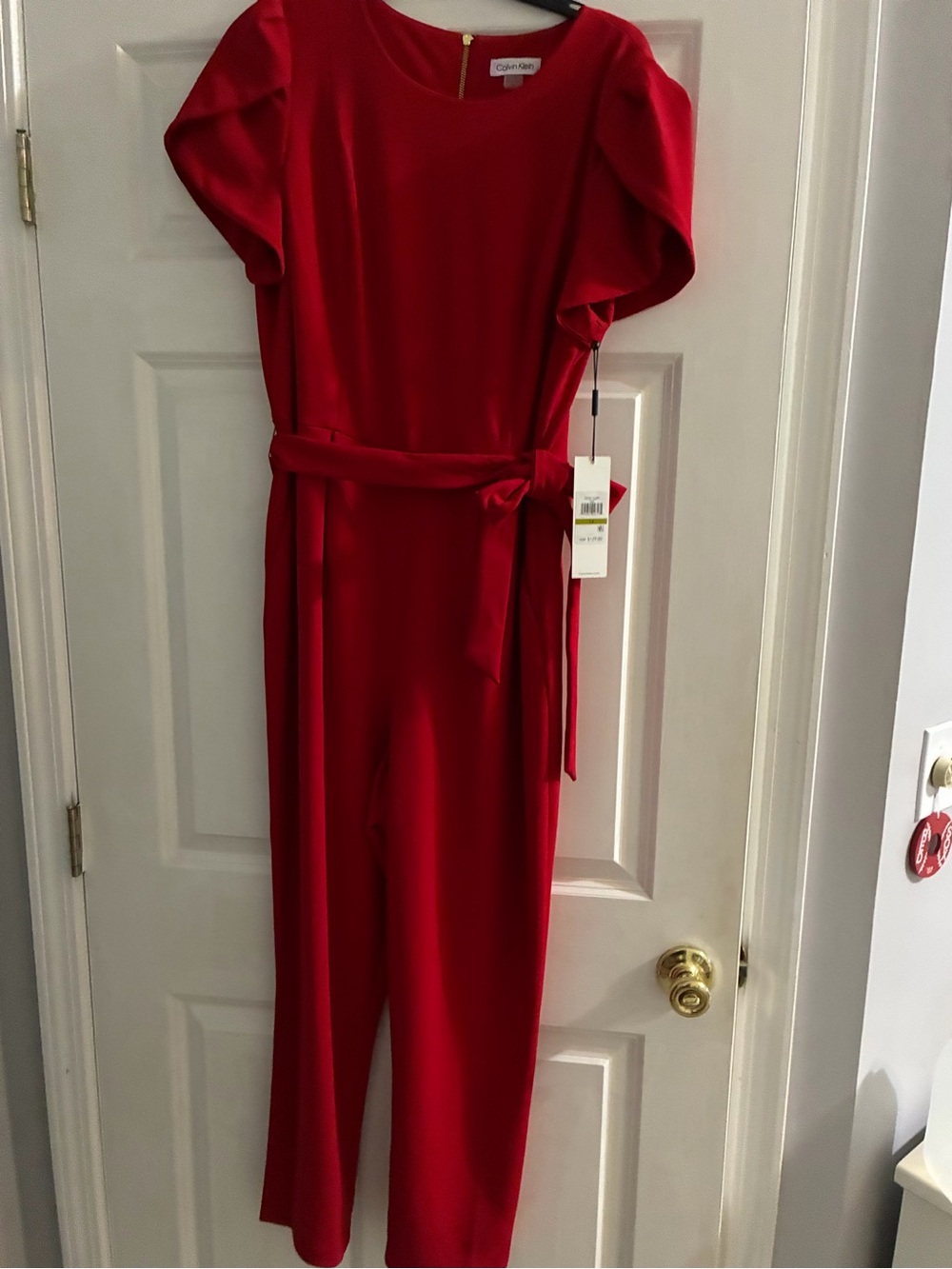 Calvin Klein Red Short-Sleeve Belted Jumpsuit, size 14, SHARP!